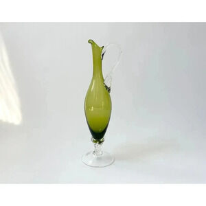 Avocado Green Ewer Empoli Glass Vintage Tapered Neck Vintage MCM Pitcher